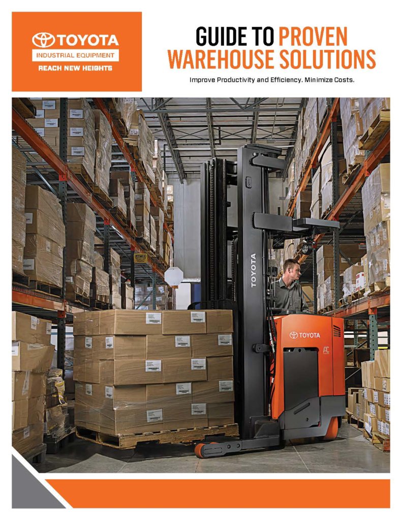 Cover of Toyota's "Guide to Proven Warehouse Solutions" Paper with man driving forklift in warehouse on the cover.